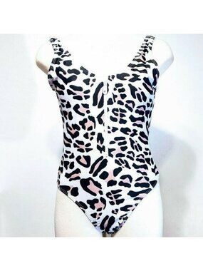 CHYRII Women's Leopard Print One Piece Swimsuit Front Zip Low Back Size S